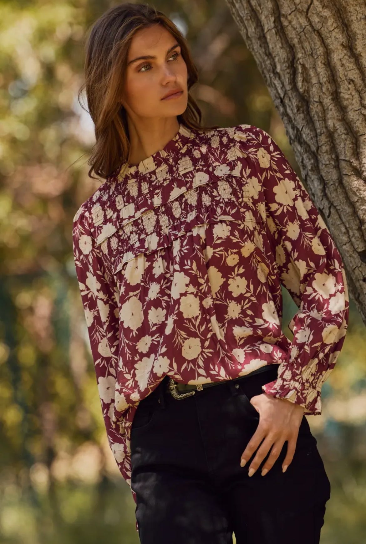 Mulberry Floral High Neck Long Sleeve Blouse