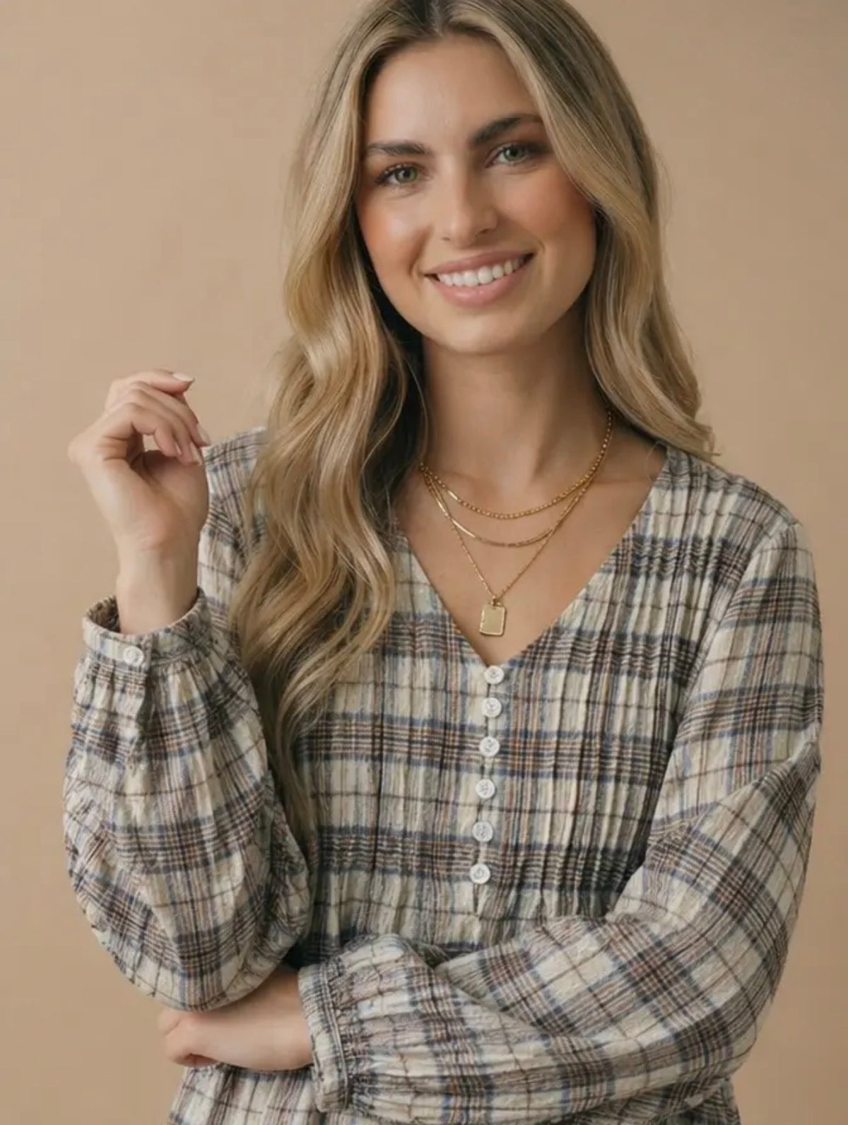 Oatmeal + Taupe Crinkle Plaid Button Blouse