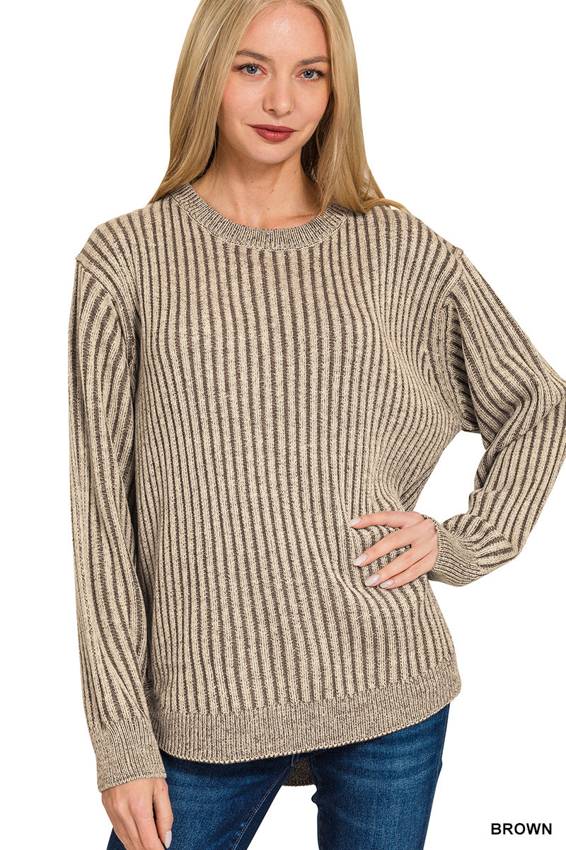 Brown Curved Hem Two-Tone Sweater