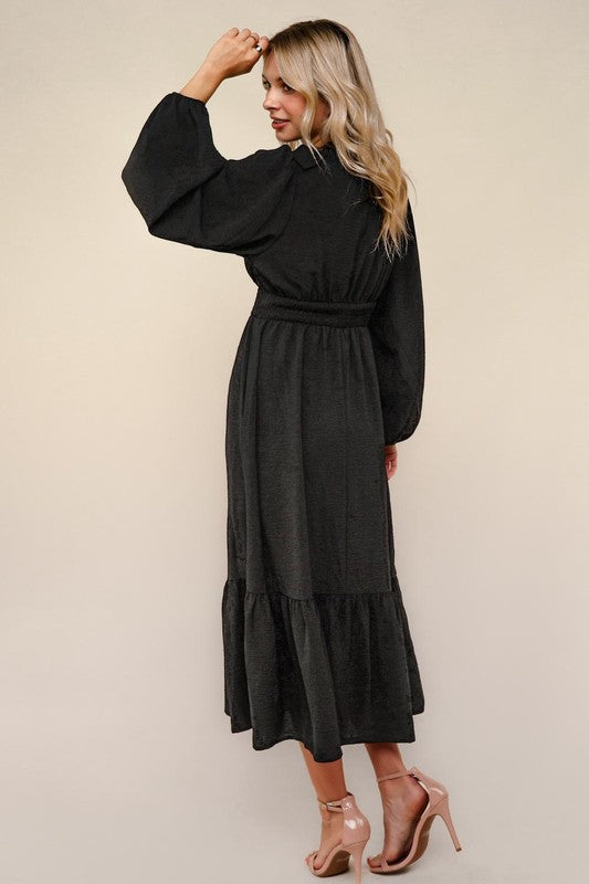Black Ruffle V-Neck Long Sleeve Dress