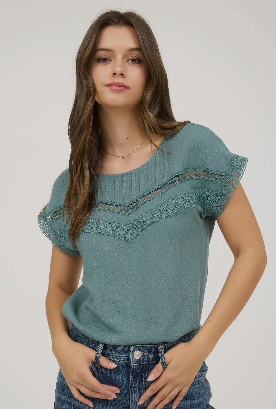 Dusty Teal Lace Trim Blouse