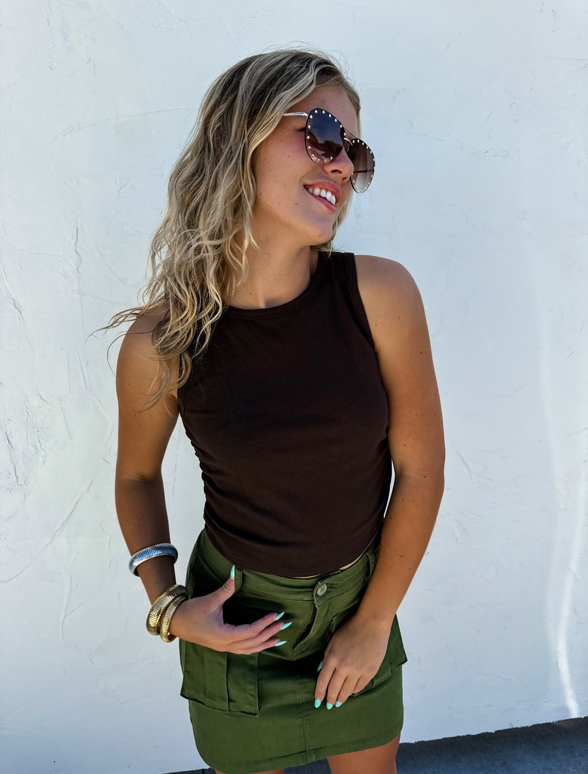Brown Ribbed Ruched Sides Tank