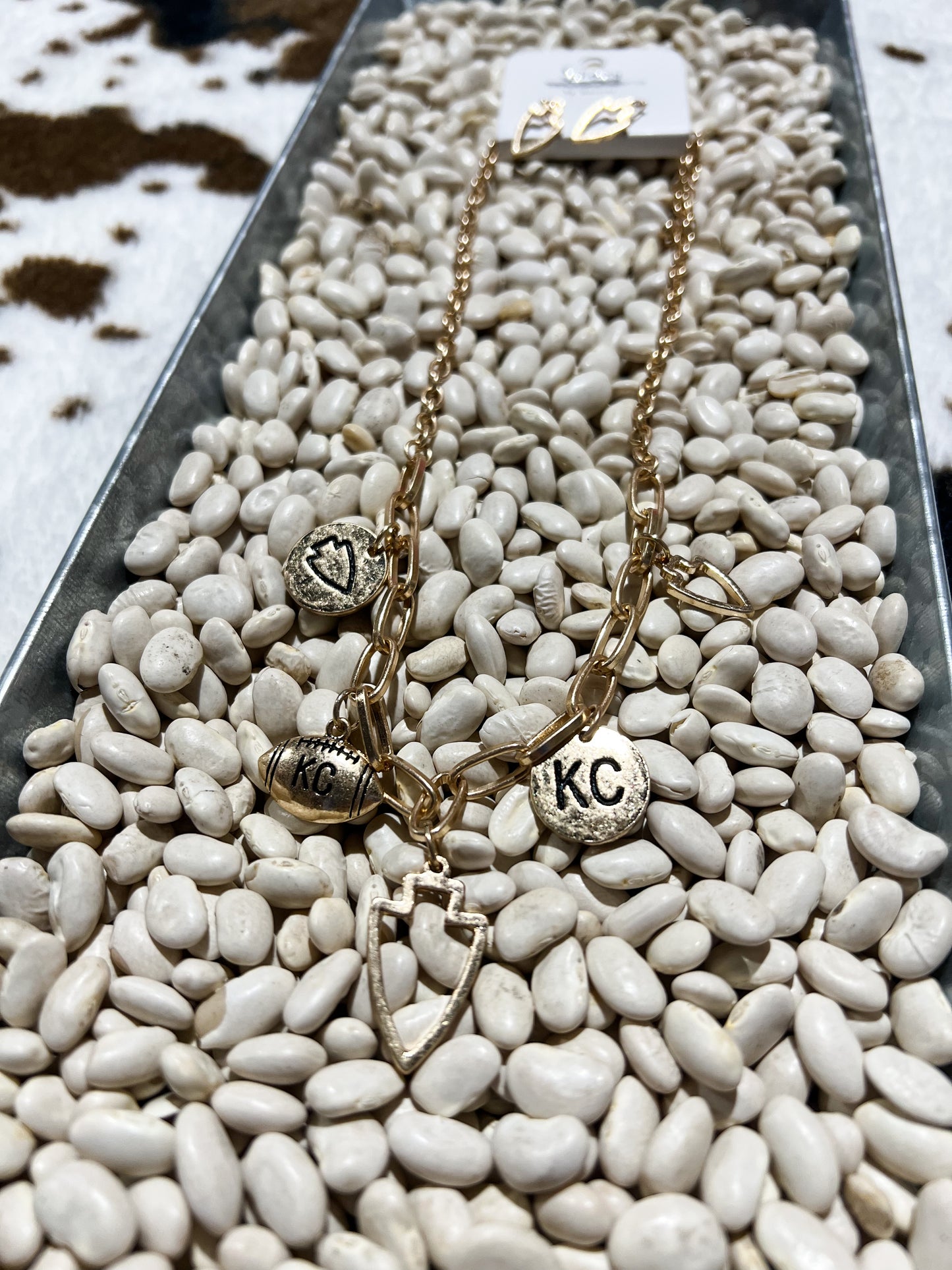 Hammered Gold KC Charm Necklace + Earrings Set