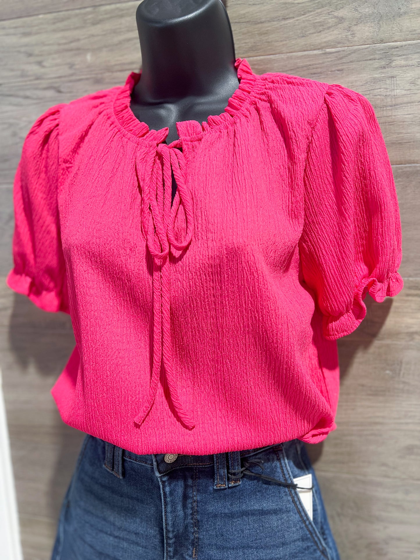 Fuchsia Ruffle Mock Neck Blouse