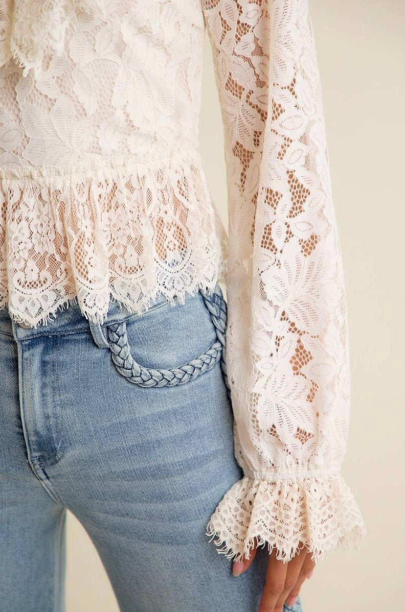 Cream Lace Ruffled Open Back Top