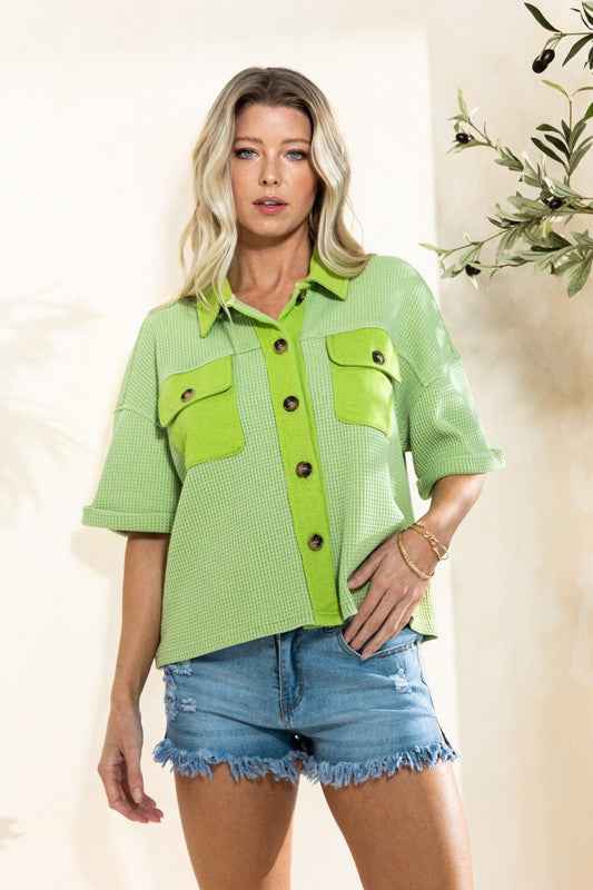 Lime Waffle Knit Button Down Top