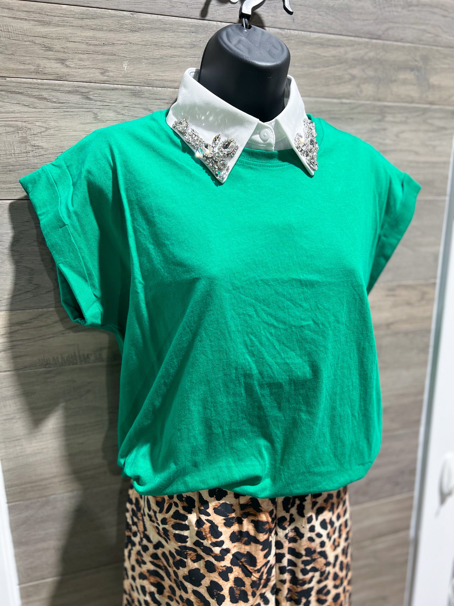 Kelly Green Cotton Rolled Sleeve Top
