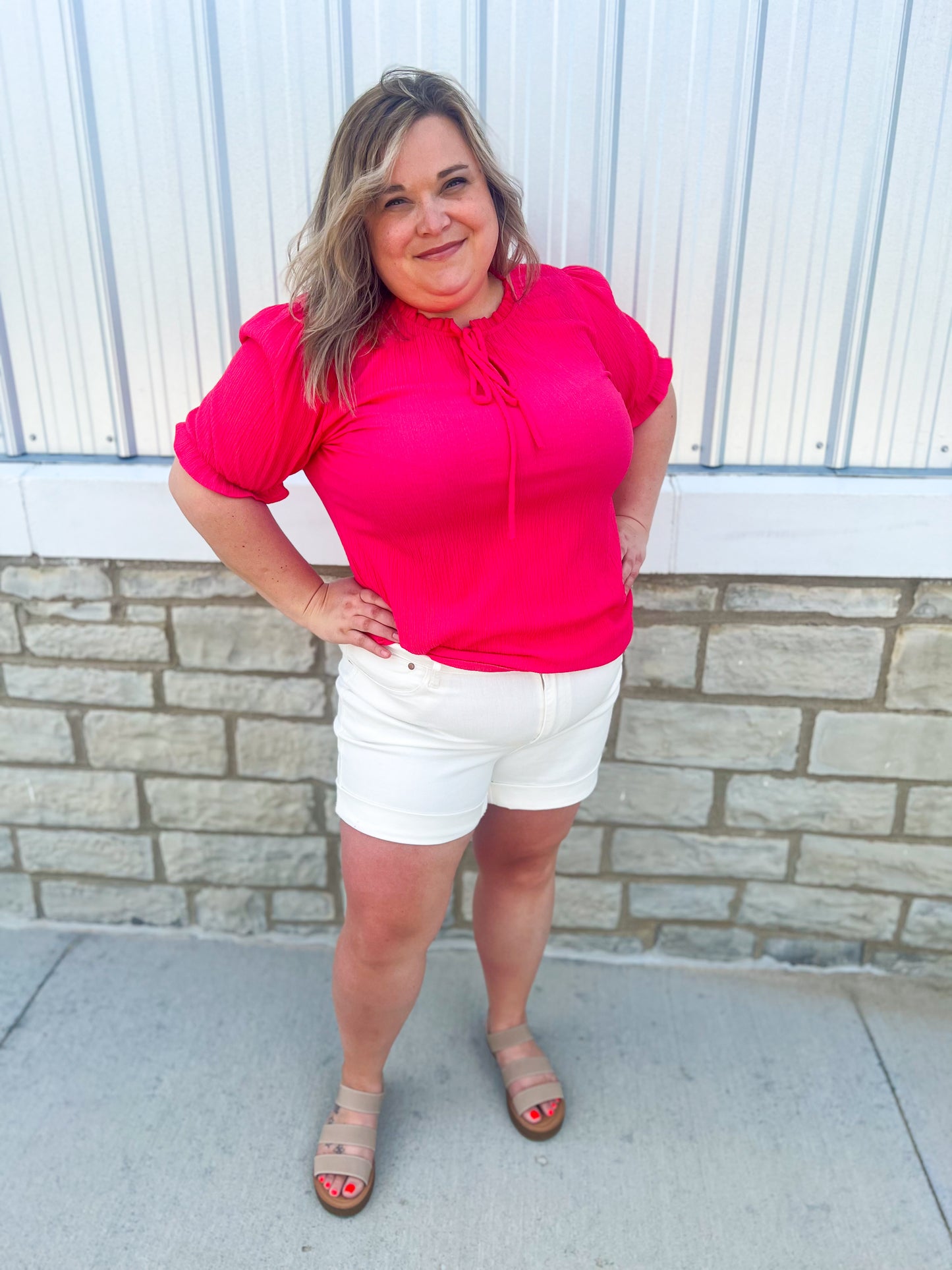 Fuchsia Ruffle Mock Neck Blouse