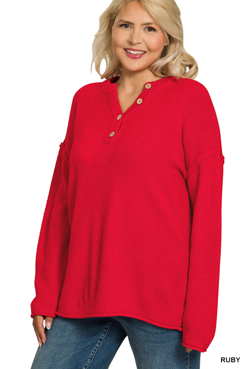 Ruby Red Button Henley Sweater