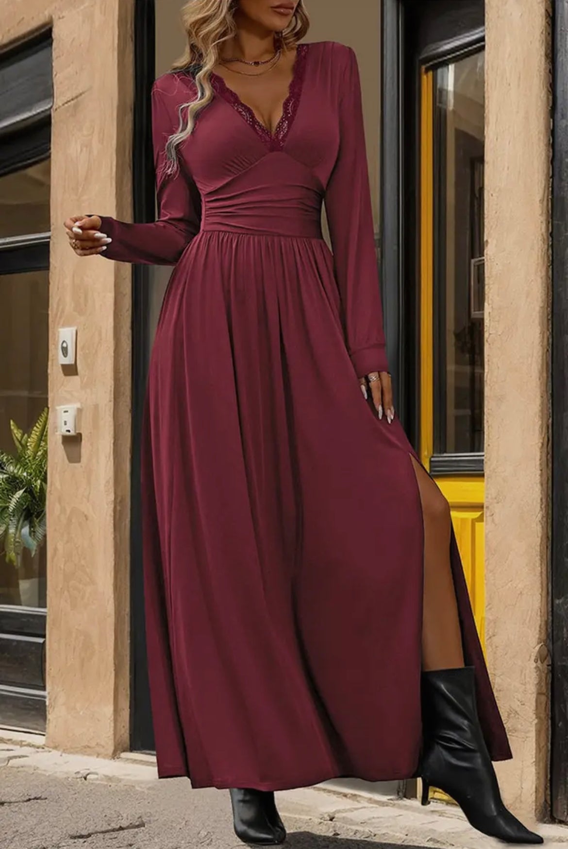 X-LARGE Wine Lace V-Neck Dress