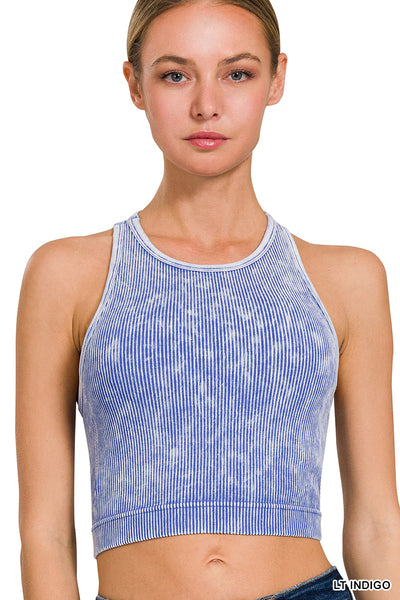 Indigo Mineral Wash Ribbed High Neck Padded Longline Bralette