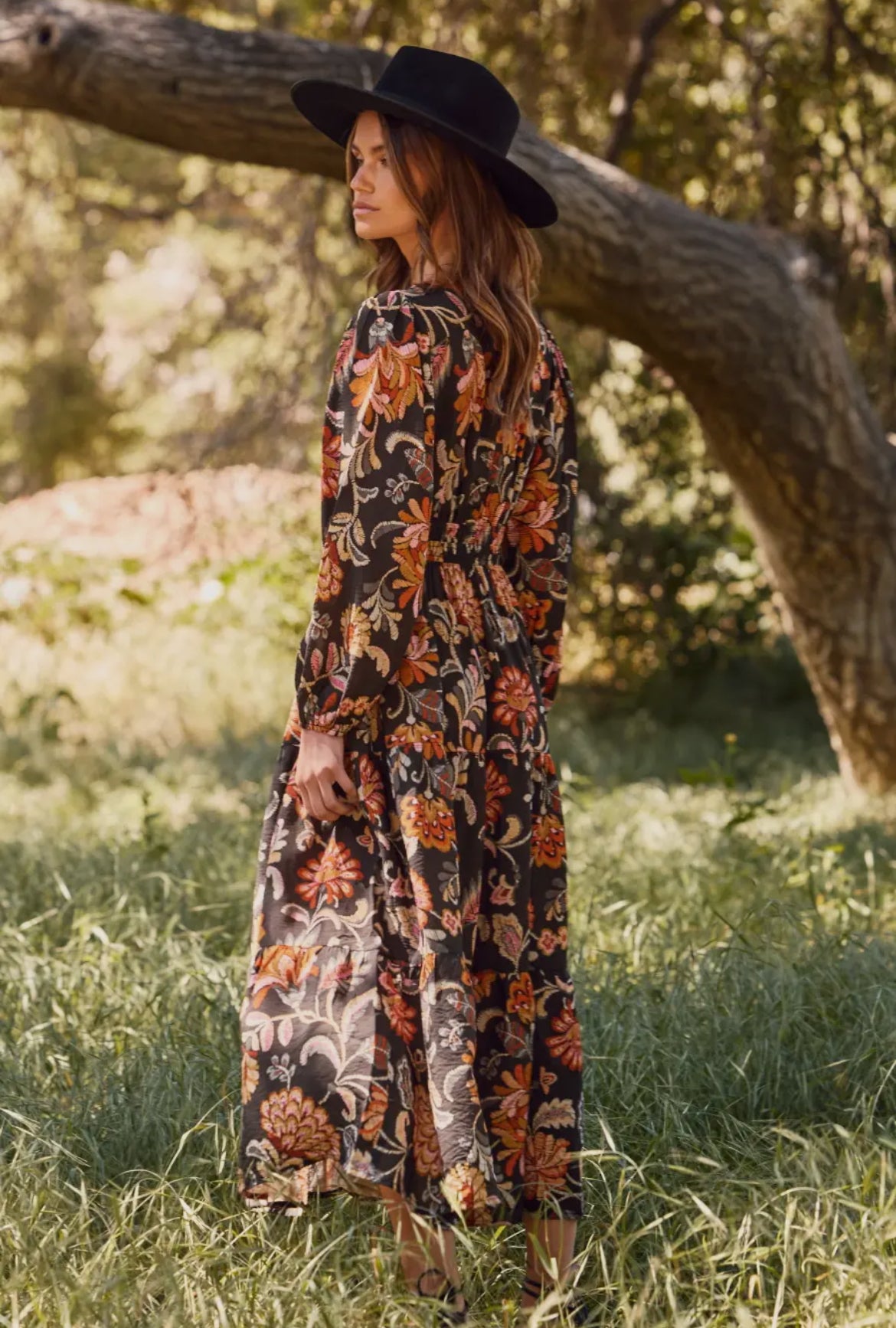 Charcoal Boho Floral Long Sleeve Maxi Dress