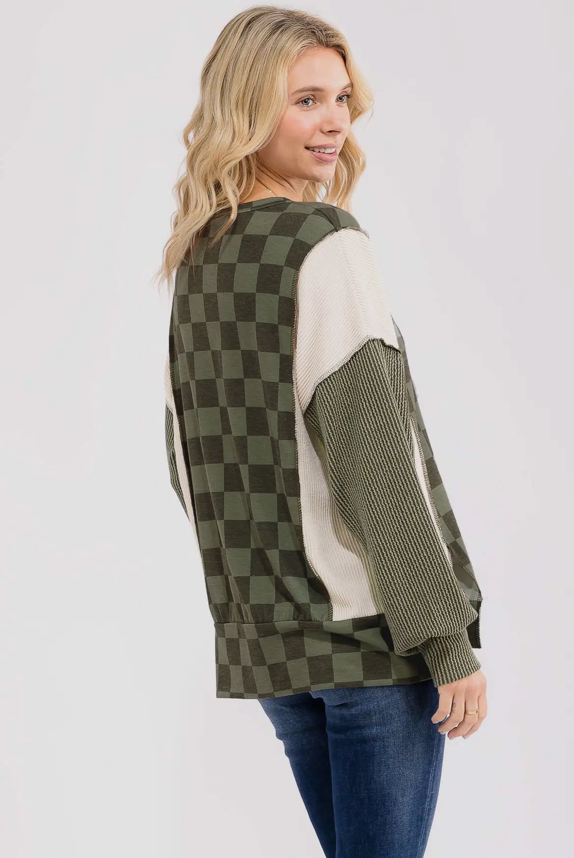 Olive Checkered Ribbed Colorblock Long Sleeve Top