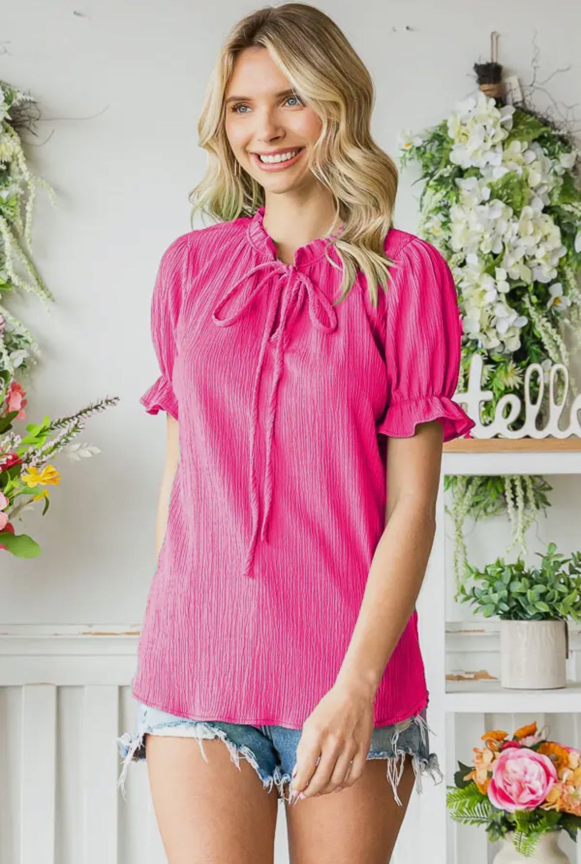 Fuchsia Ruffle Mock Neck Blouse