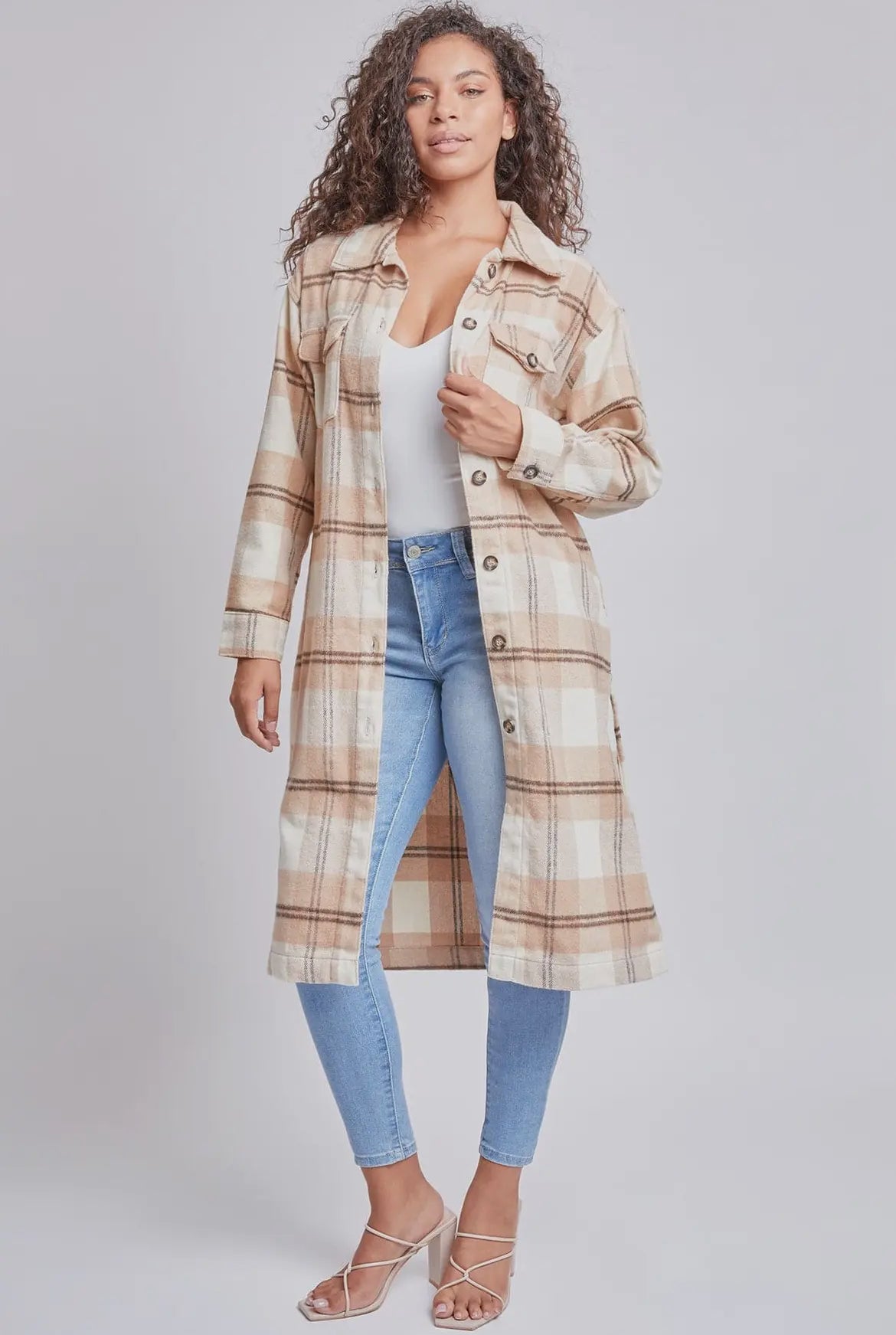 Tan Plaid Long Shacket