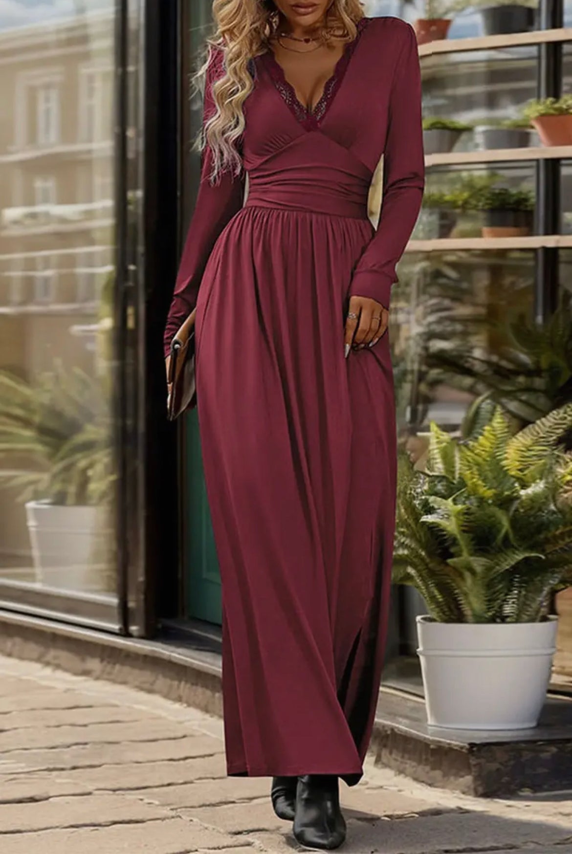 X-LARGE Wine Lace V-Neck Dress