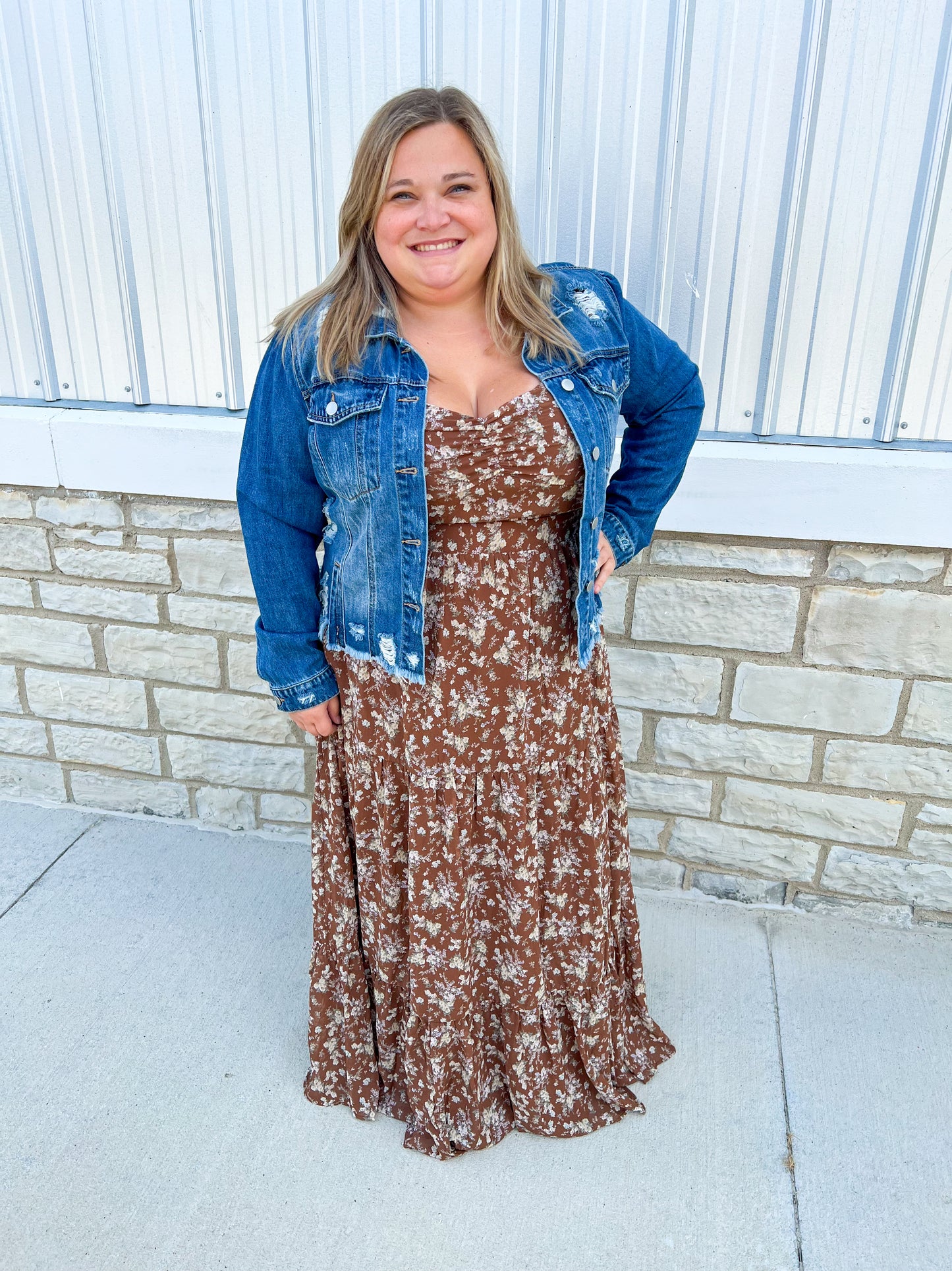 Mocha Floral Ruffle Sleeve Tiered Maxi Dress