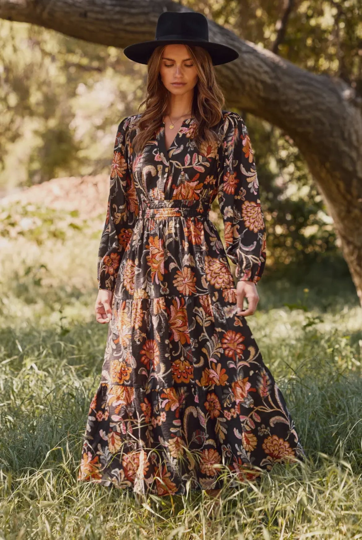 Charcoal Boho Floral Long Sleeve Maxi Dress