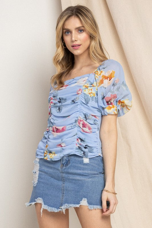 Blue Floral Ruched Top