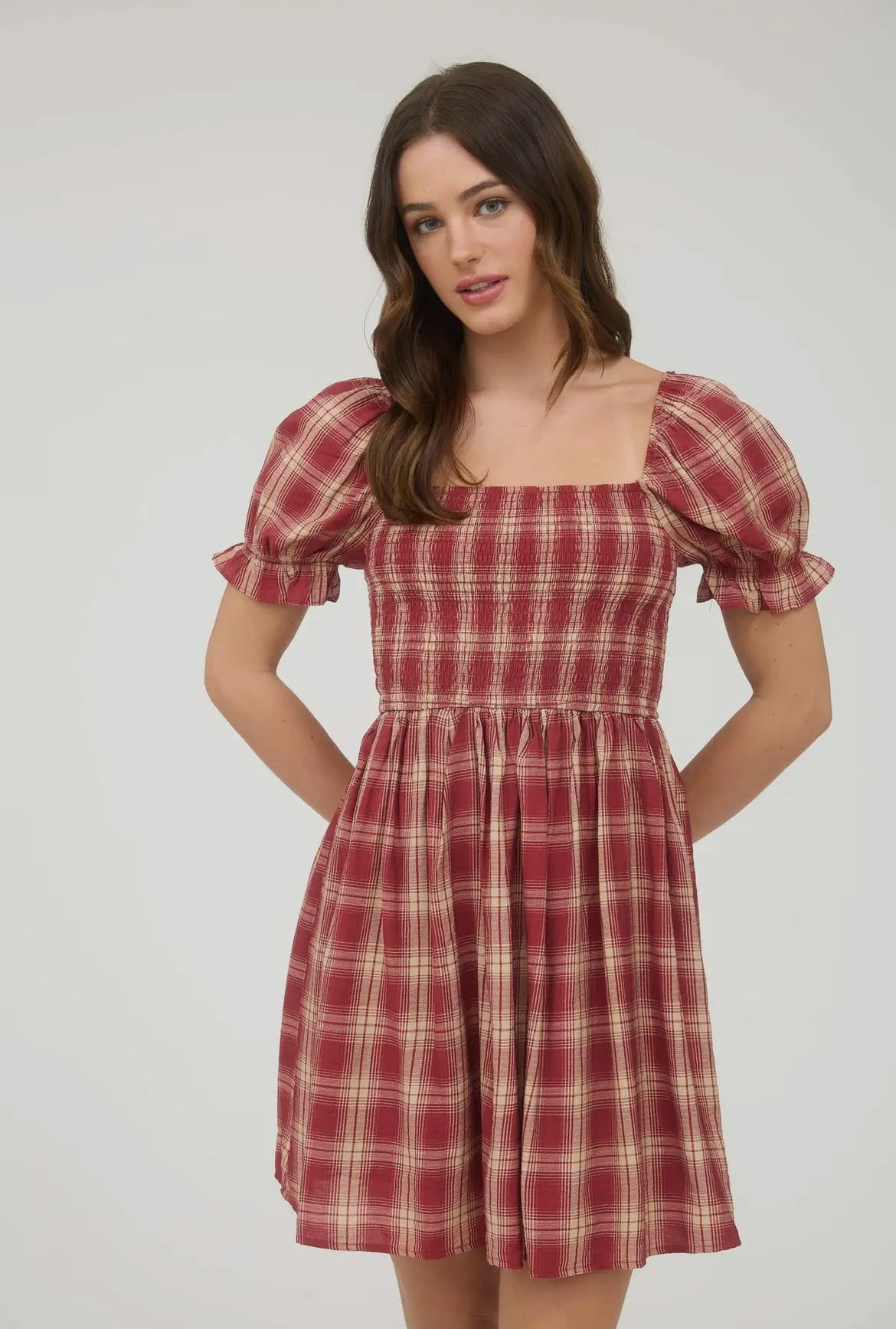 Burgundy Plaid Smocked Dress