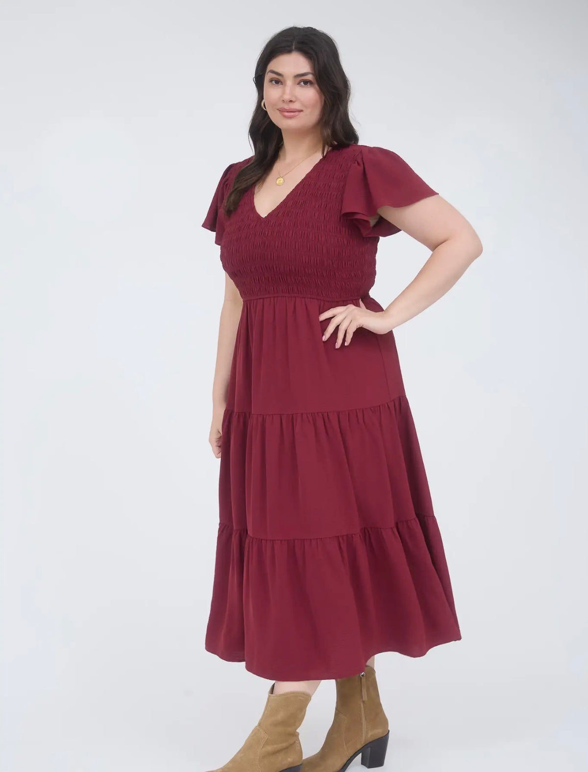 Burgundy Smocked Flutter Sleeve Midi Dress
