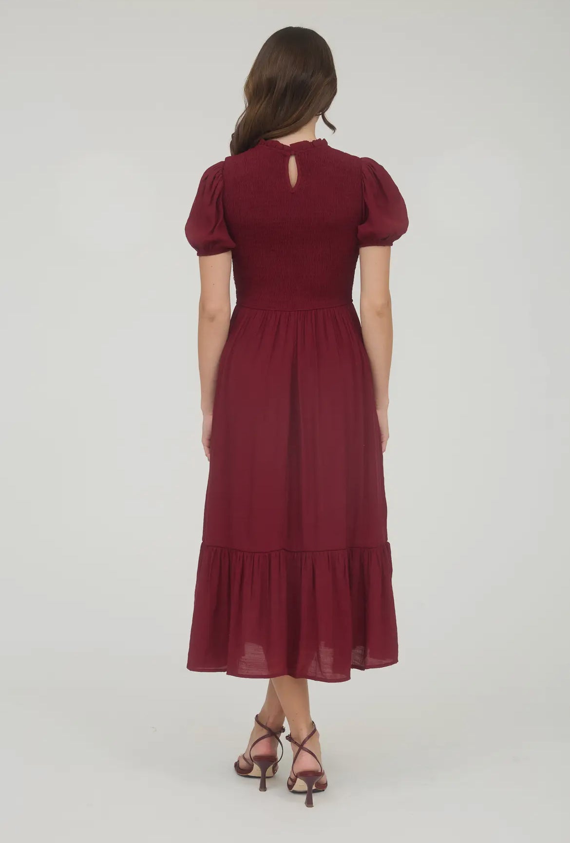 Burgundy + Pink Smocked Detail Midi Dress
