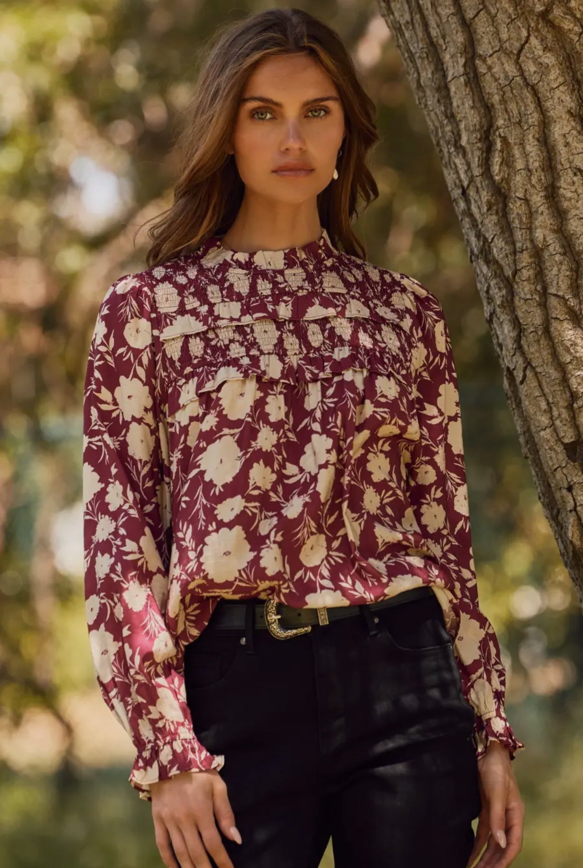 Mulberry Floral High Neck Long Sleeve Blouse