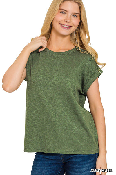 Army Green Cotton Modal Rolled Sleeve Top