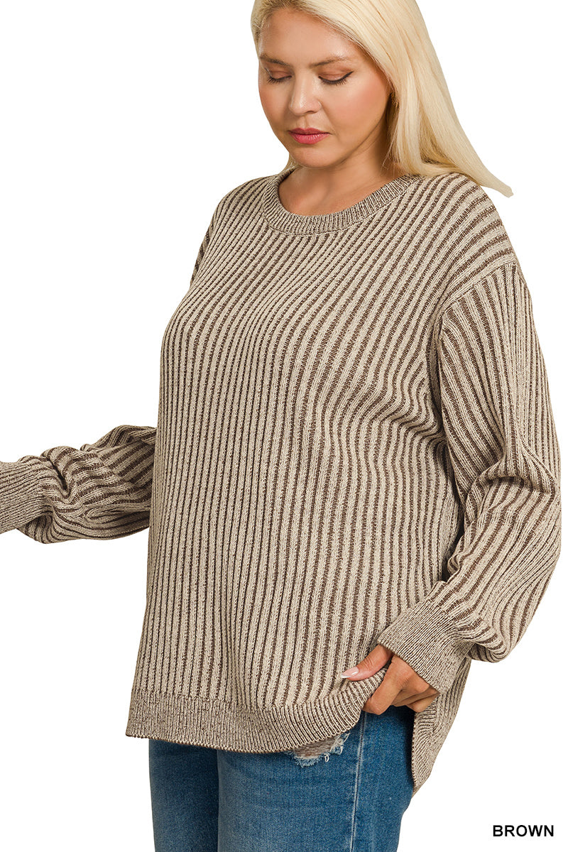 Brown Curved Hem Two-Tone Sweater