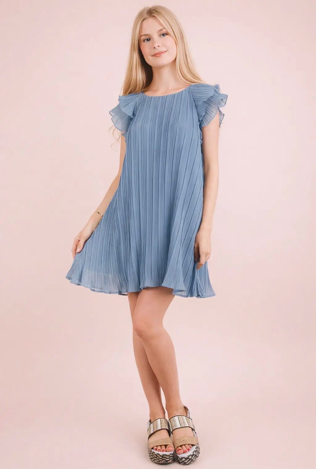 Blue Pleated Ruffle Sleeve Dress