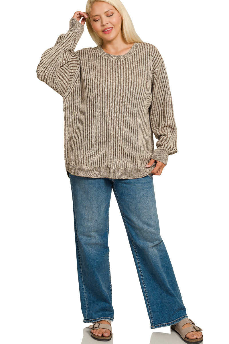 Brown Curved Hem Two-Tone Sweater