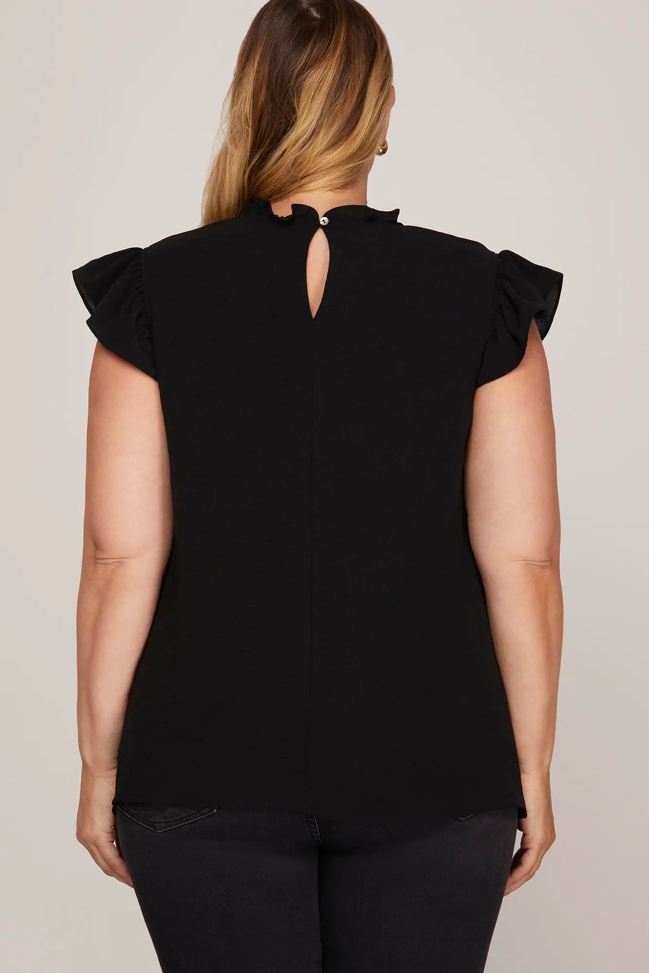 Black Ruffle Detail Pintuck Top