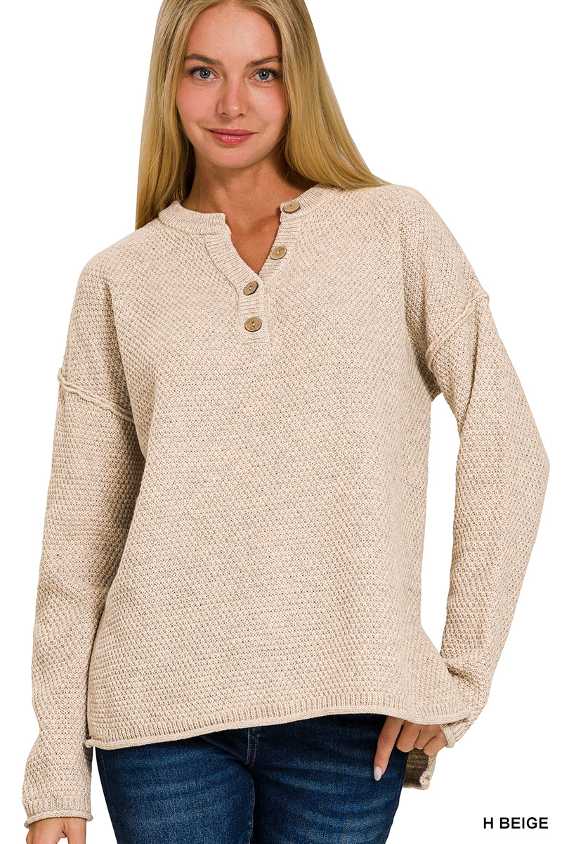 Heather Beige Button Henley Sweater