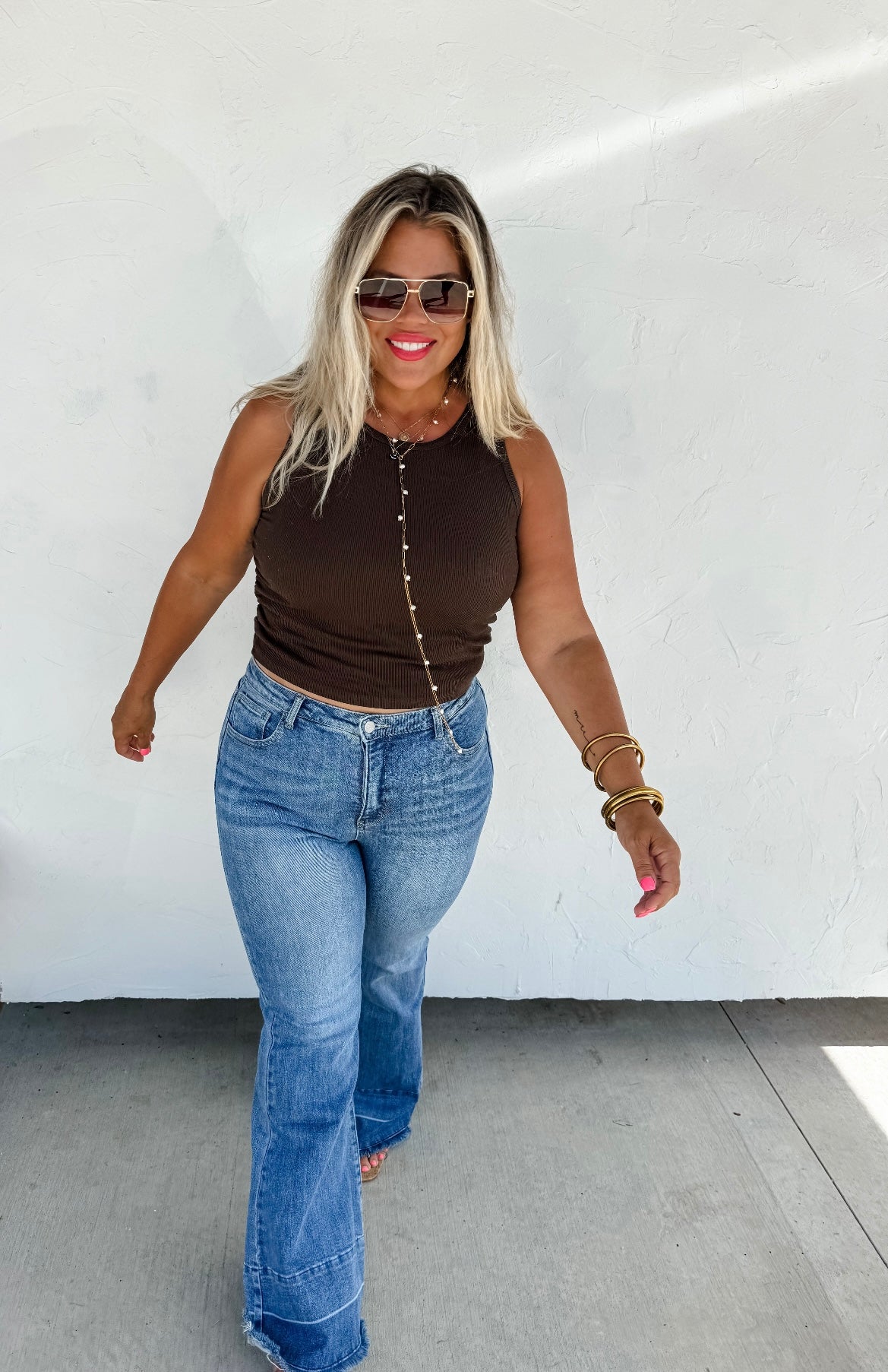 Brown Ribbed Ruched Sides Tank