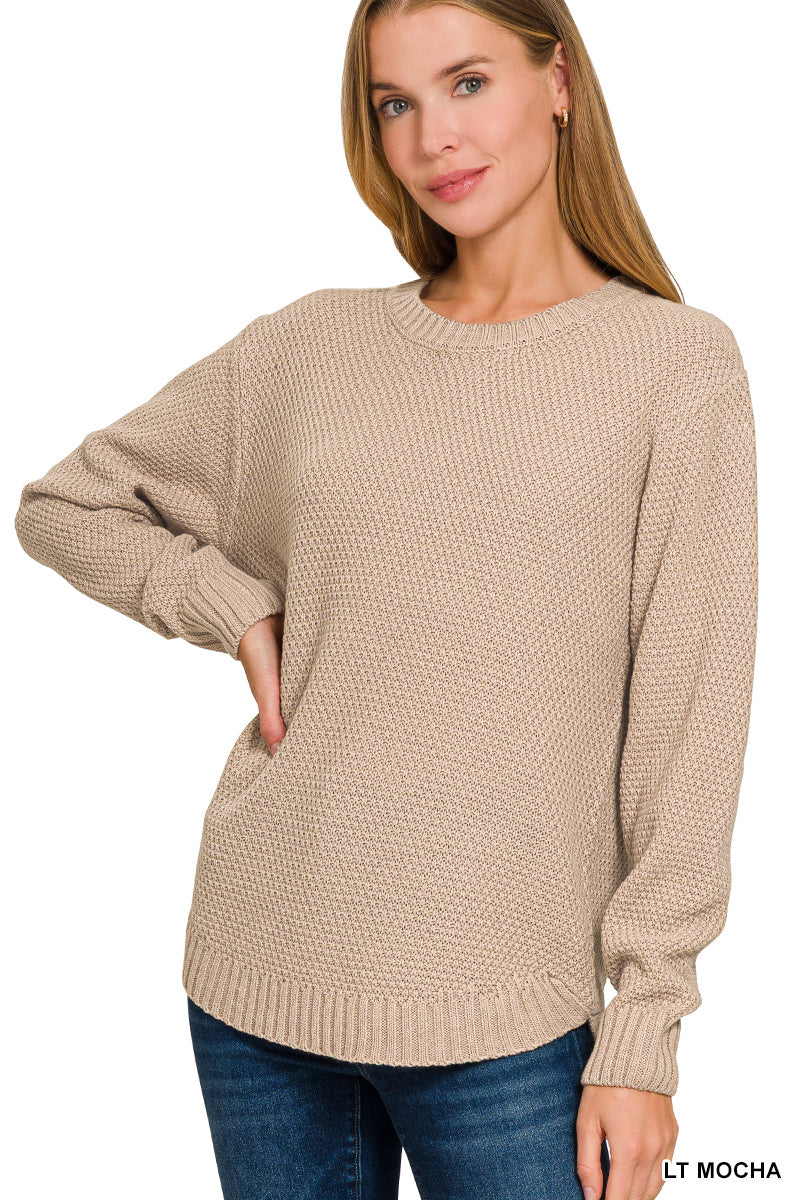 Light Mocha Round Neck Waffle Knit Sweater