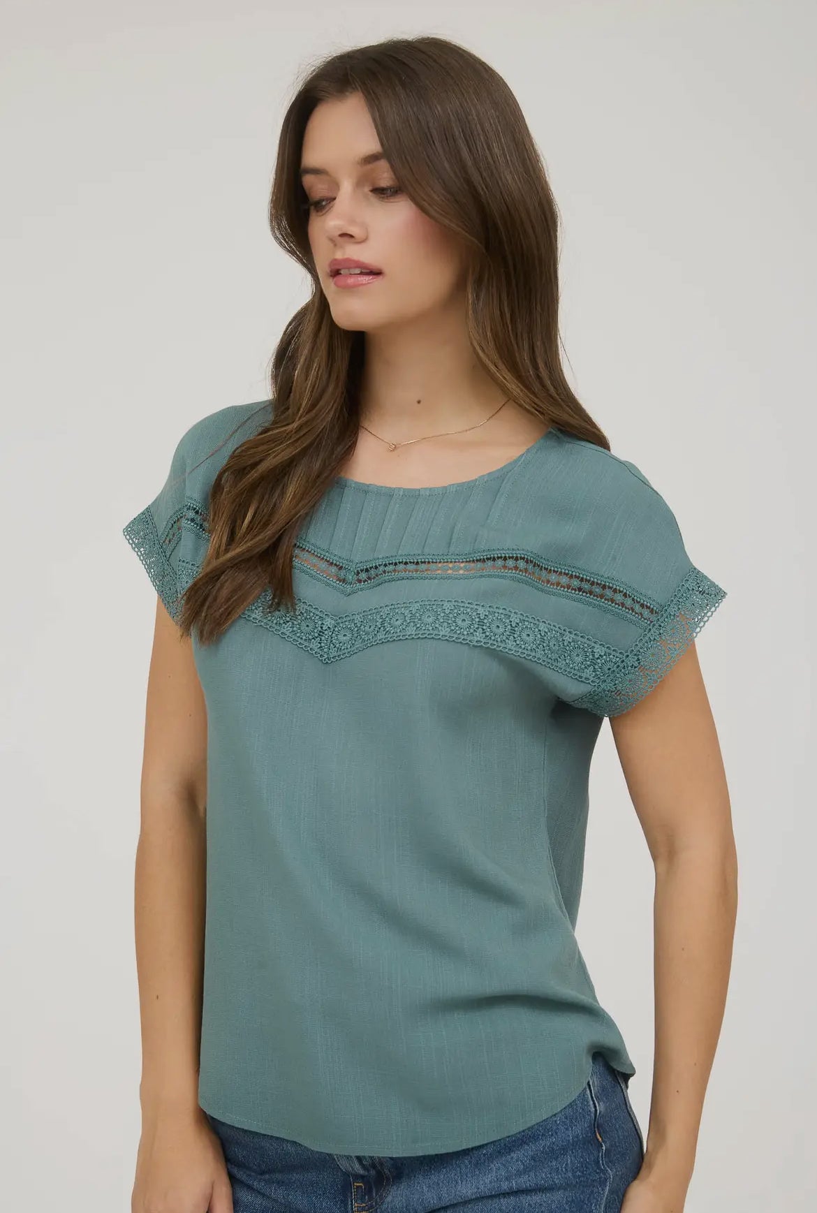 Dusty Teal Lace Trim Blouse