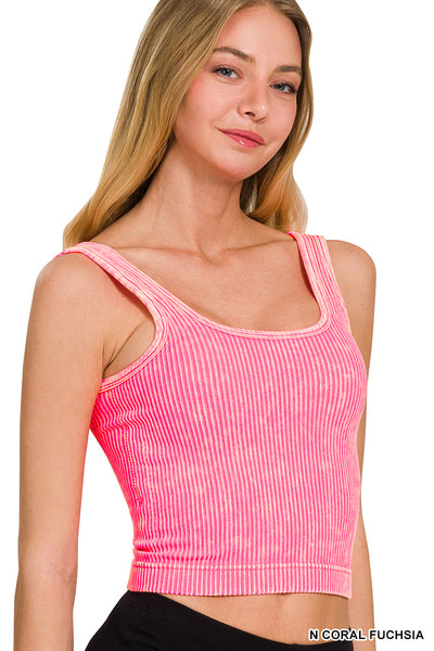Coral Fuchsia Mineral Wash Ribbed Padded Longline Bralette