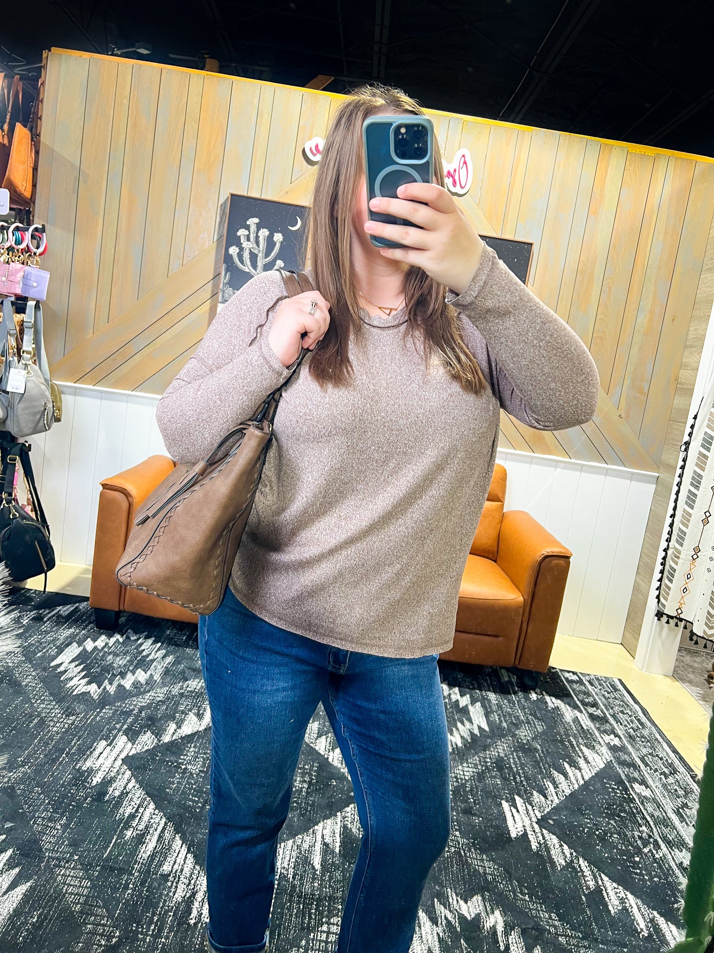 Brown Melange Hacci Exposed Seam Top