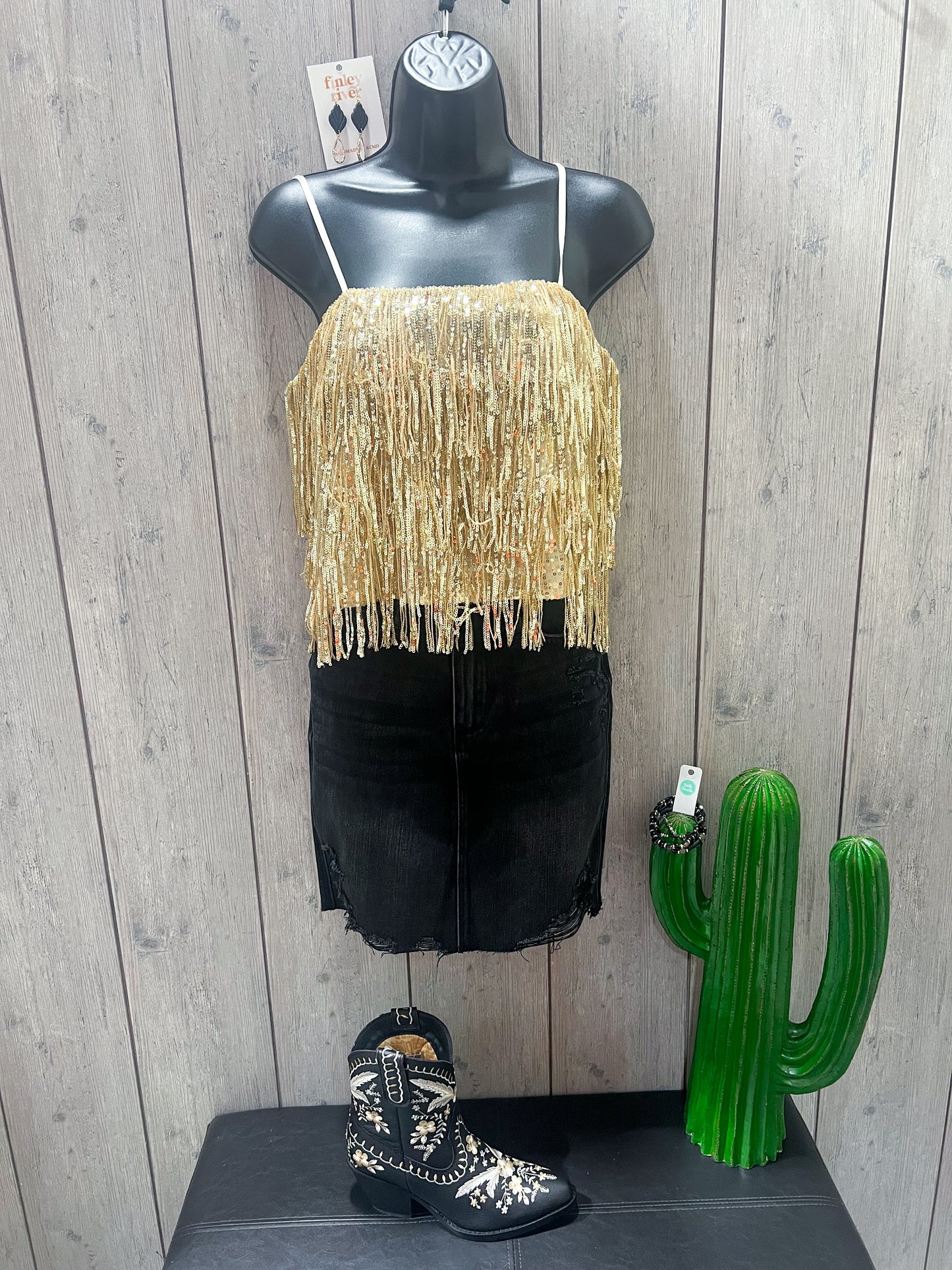 Gold Tiered Sequin Cropped Tank Top
