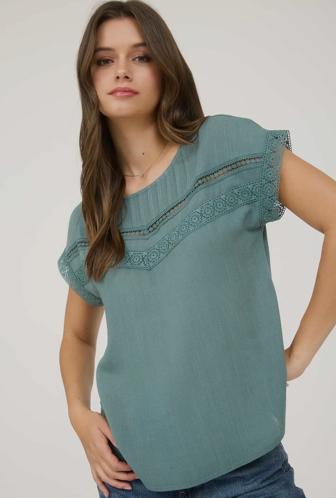 Dusty Teal Lace Trim Blouse
