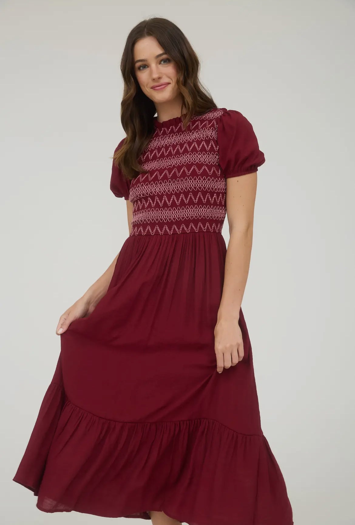 Burgundy + Pink Smocked Detail Midi Dress