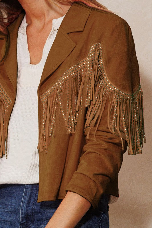 Tan Suede Studded Fringe Jacket