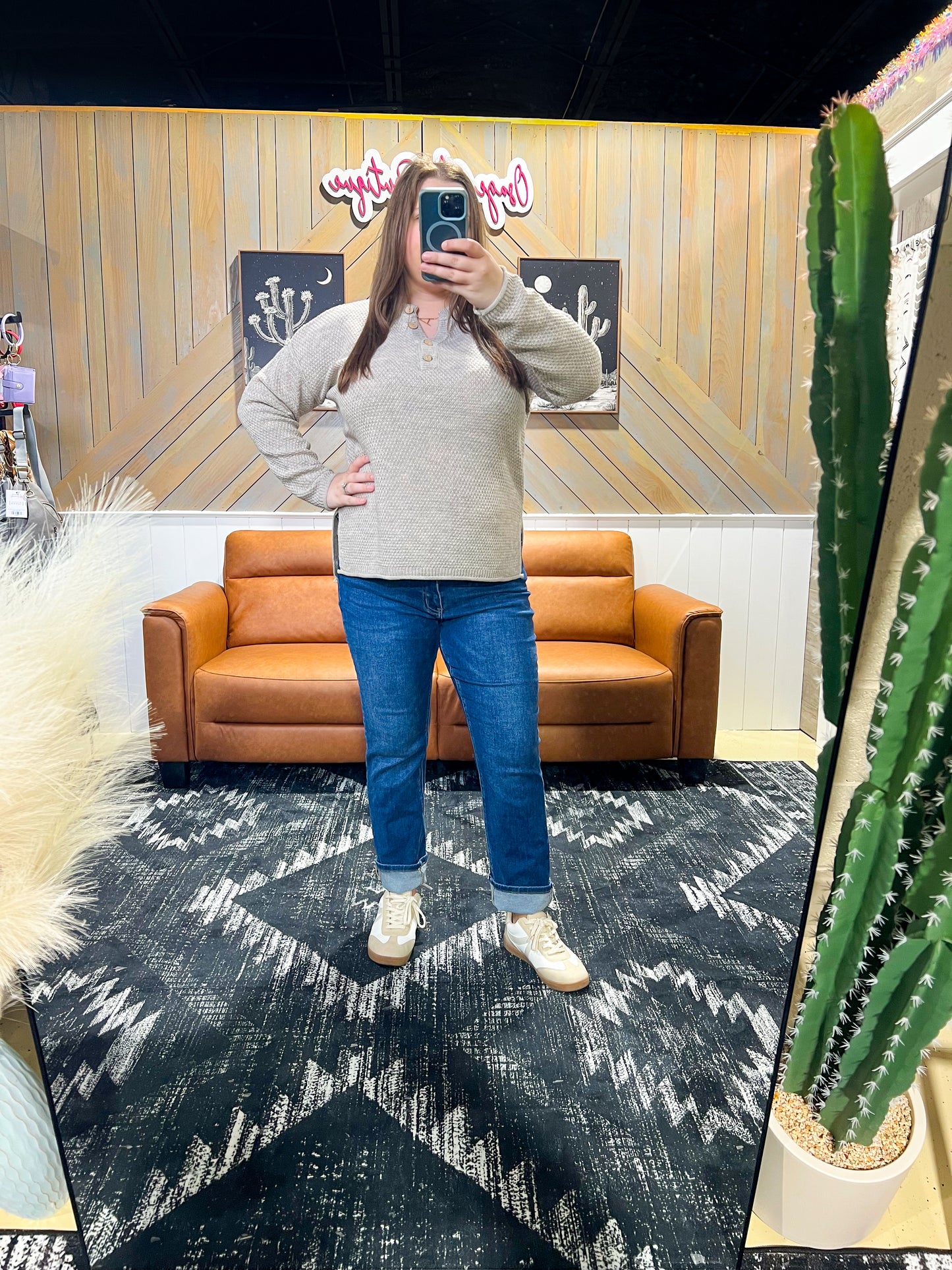 Heather Beige Button Henley Sweater