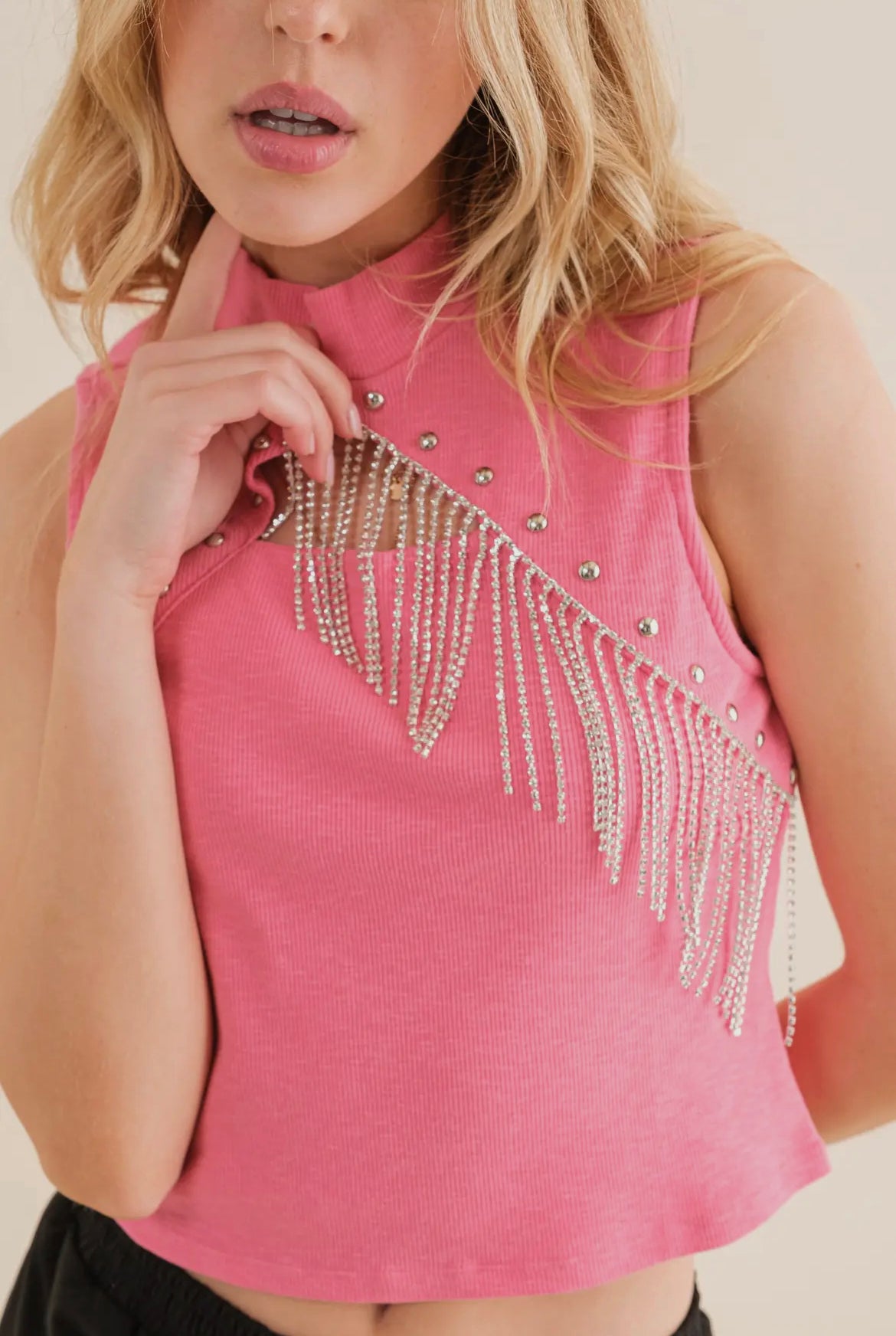 Pink Studded Rhinestone Cropped Top