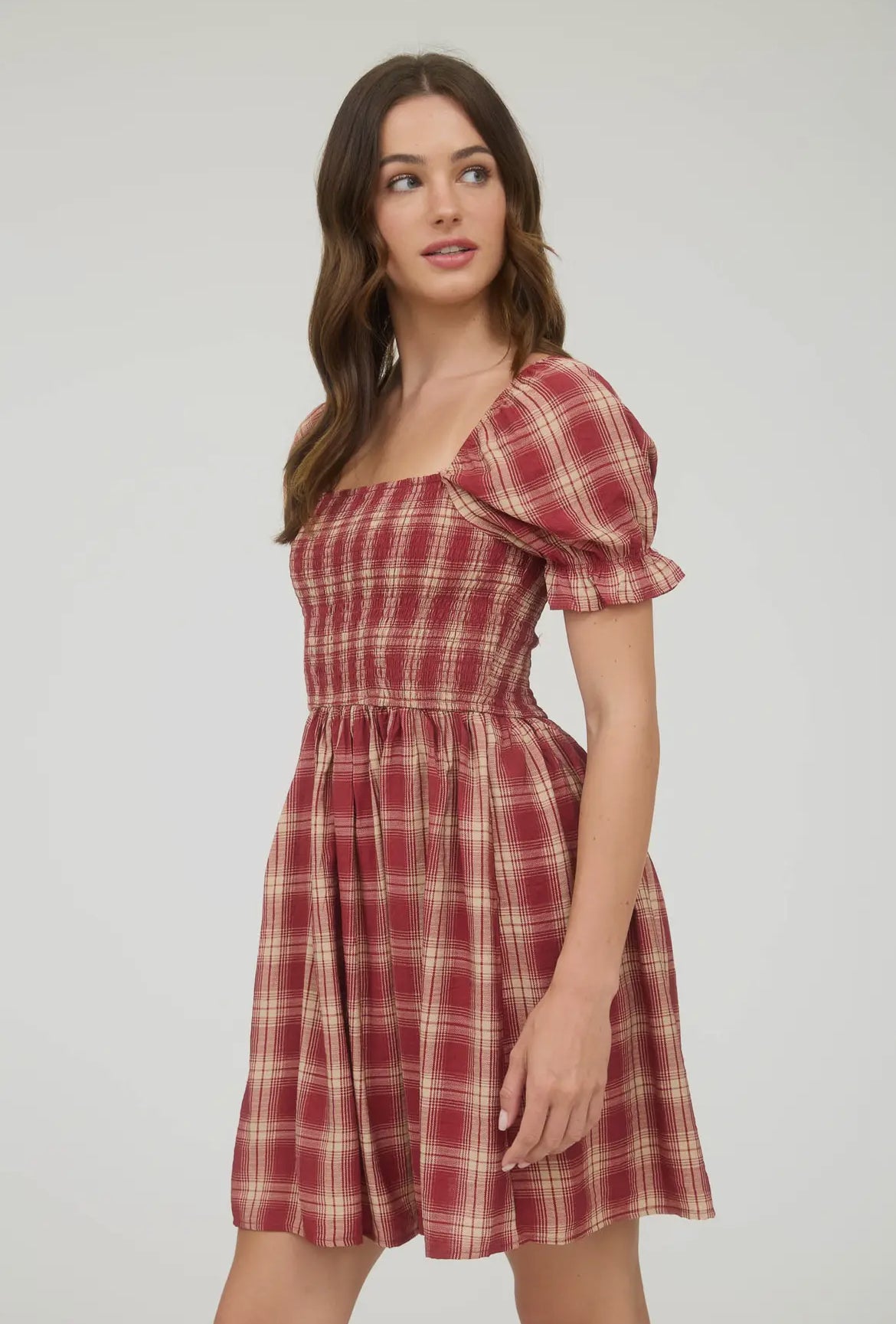 Burgundy Plaid Smocked Dress