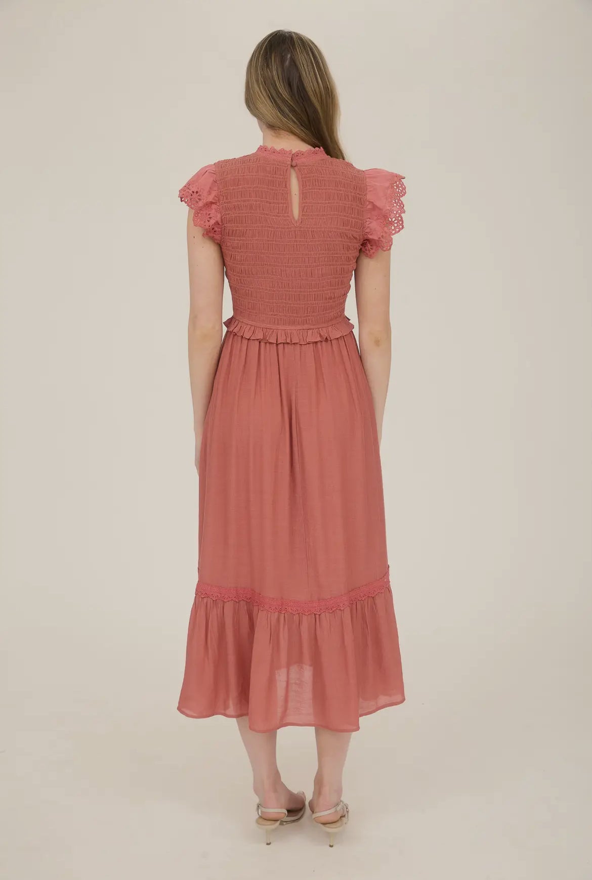 Terracotta Smocked Eyelet Trim Midi Dress