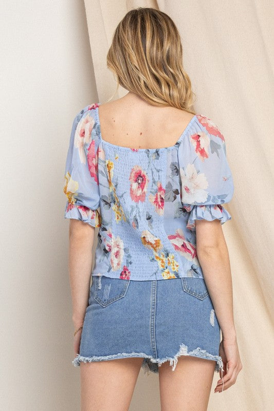 Blue Floral Ruched Top