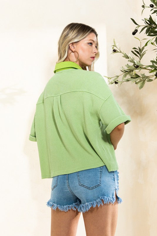 Lime Waffle Knit Button Down Top