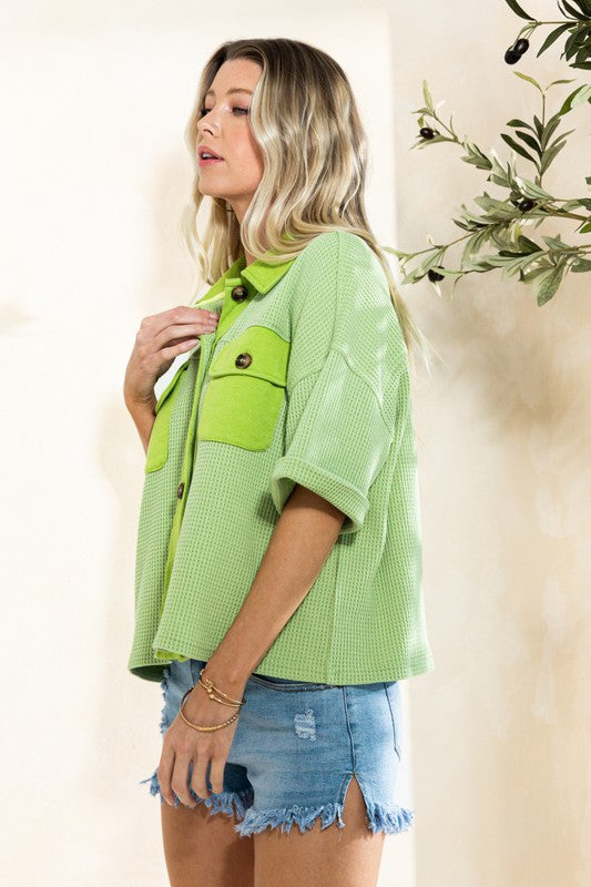 Lime Waffle Knit Button Down Top