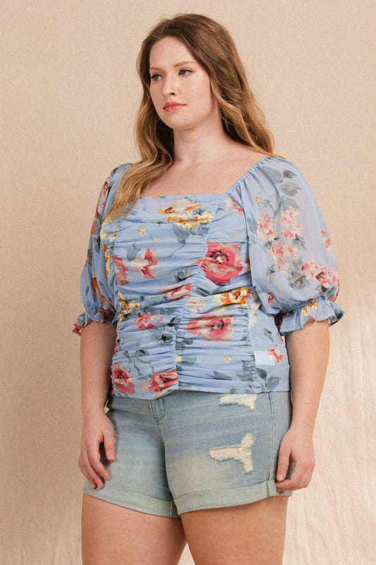 Blue Floral Ruched Top